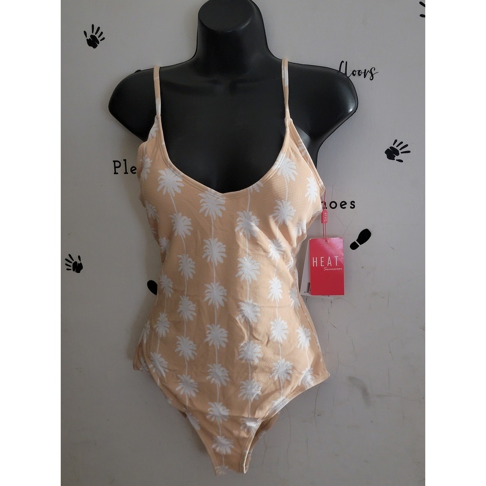 Heat Swimwear Dune Strappy Back One‎ Piece Palm Tree Print Peach Tan Small NWT